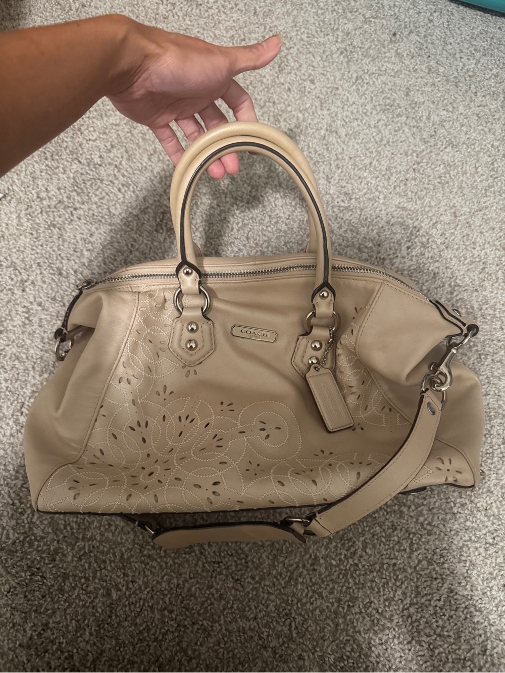 Coach Cream Leather Perforated Satchel with Detachable Strap